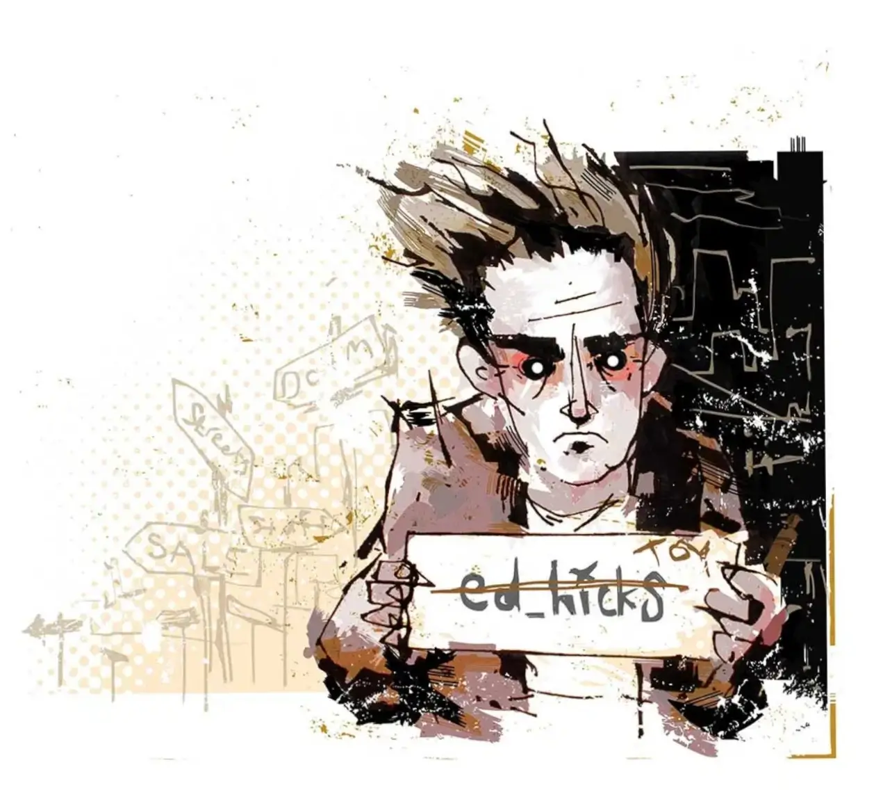 Illustrated portrait of a distressed man with wild hair holding a sign that reads “ed_hicks,” surrounded by sketchy street-art style textures and abstract background elements in beige and black