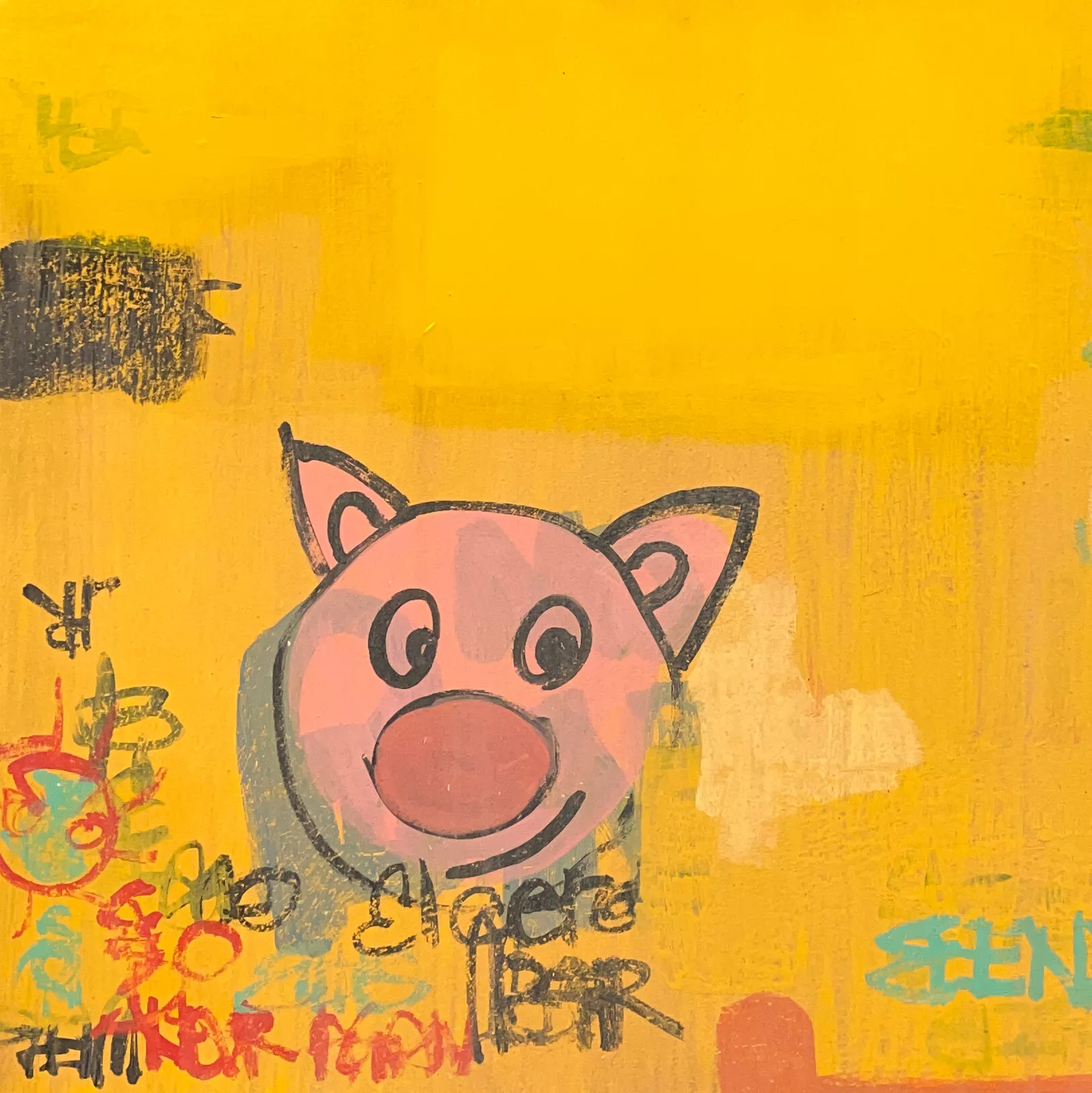 A vibrant mixed-media painting featuring a simple, cartoon-style pink pig face outlined in black against a textured yellow background. Graffiti-like scribbles, abstract marks, and layered brushstrokes in red, teal, black, and blue surround the pig illustration, creating a play yet urban visual atmosphere