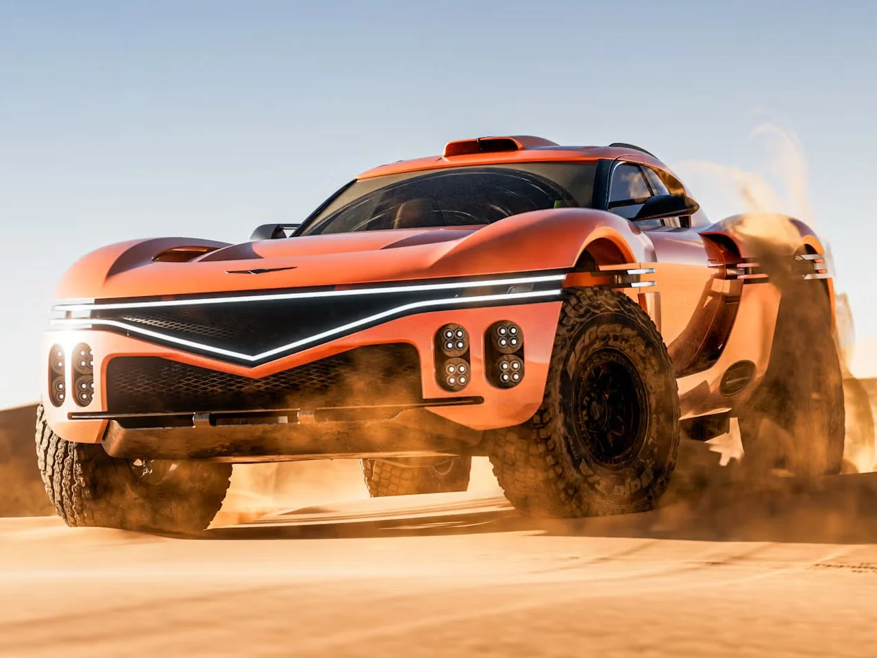 Genesis X Skorpio off-road supercar concept charging across desert dunes at high speed