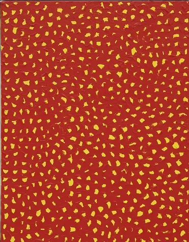 Yayoi Kusama Nets 38 1988 abstract red painting with dense yellow infinity-net pattern