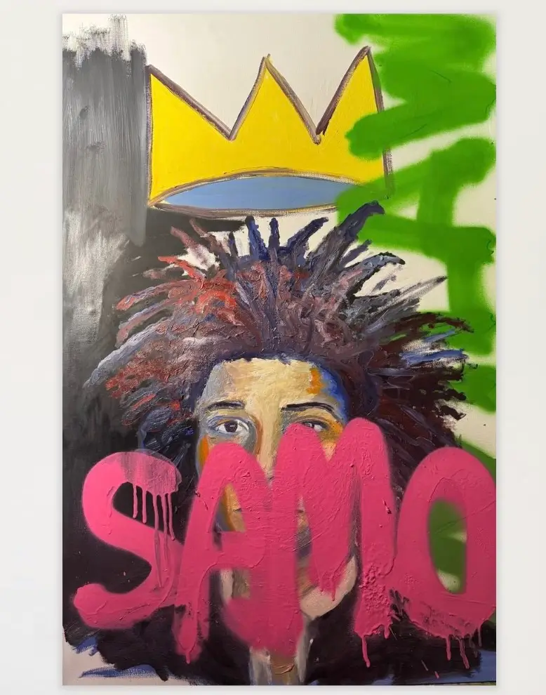 SAMO (Basquiat Tribute) painting by Bash Wathier showing a crown-topped portrait partially obscured by bold pink “SAMO” graffiti, expressive brushwork, and contrasting green and black fields in oil on canvas