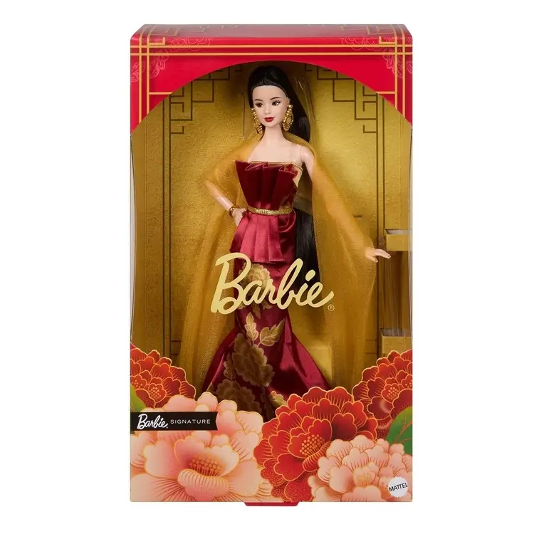 Barbie 2026 Lunar New Year Signature doll displayed in packaging, wearing a red and gold ceremonial gown with floral motifs symbolizing fortune, prosperity, and festive tradition