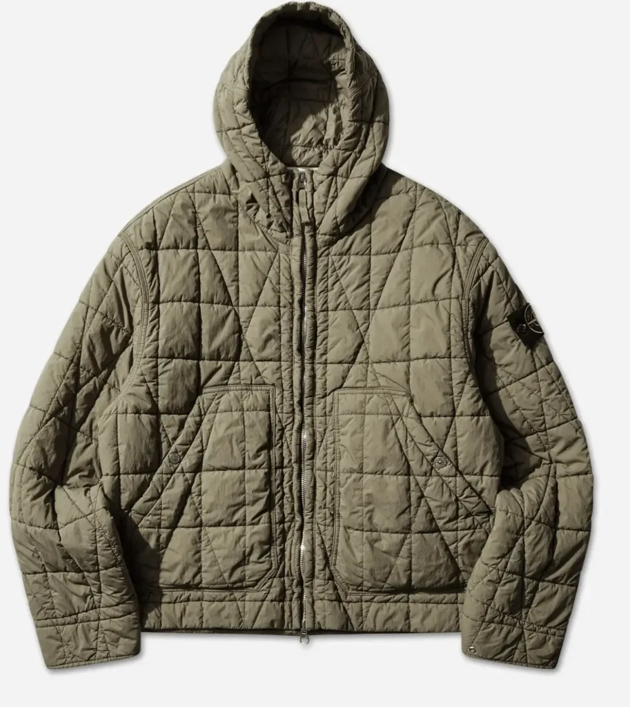 front view Stone Island Cotton Nylon Tela Quilted-TC jacket in military green with hood