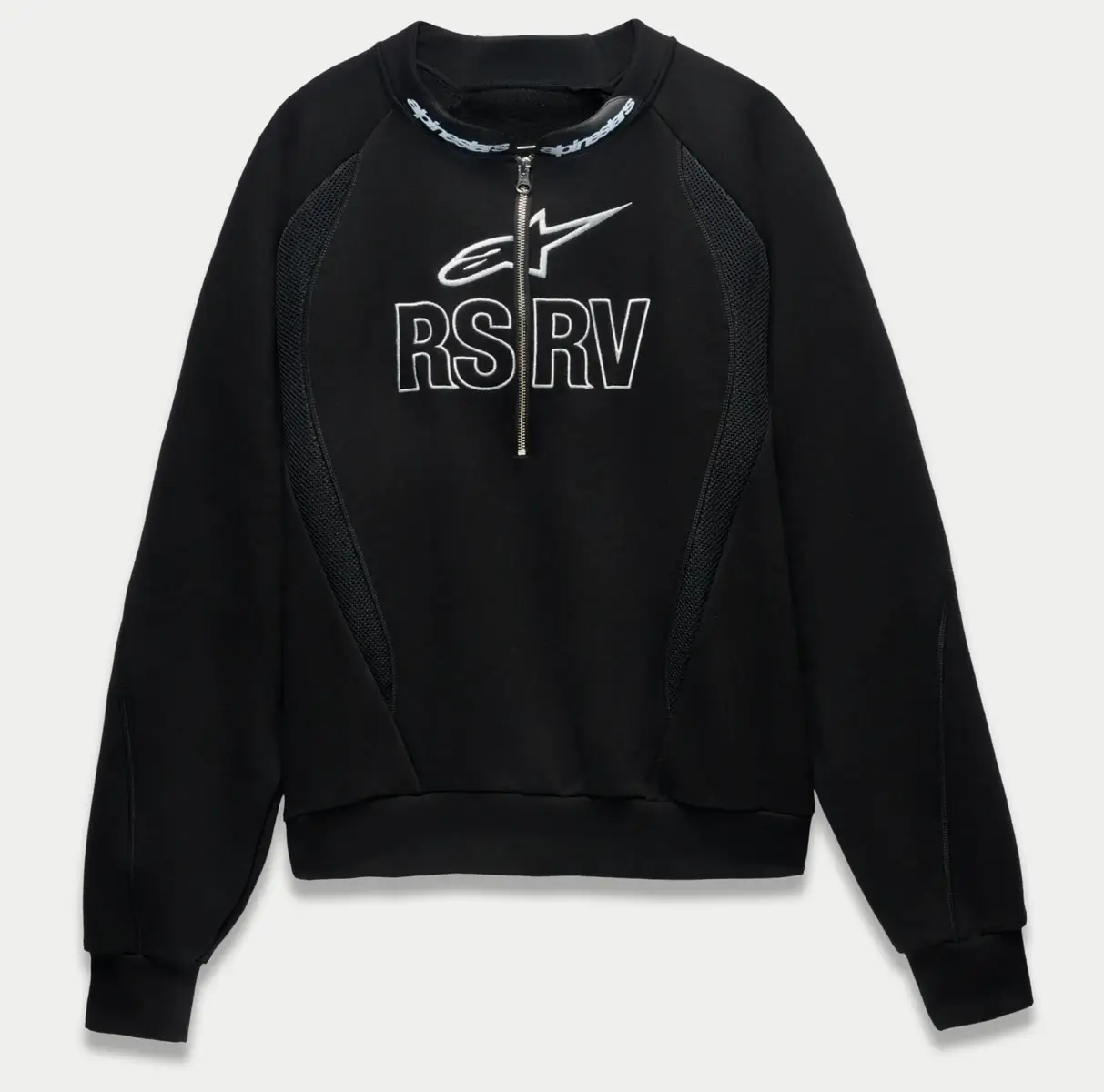 Front view of the black Alpinestars RSRV Champion sweatshirt featuring a half-zip collar, mesh side panels, ribbed cuffs and hem, and bold white RSRV and star logo embroidery across the chest