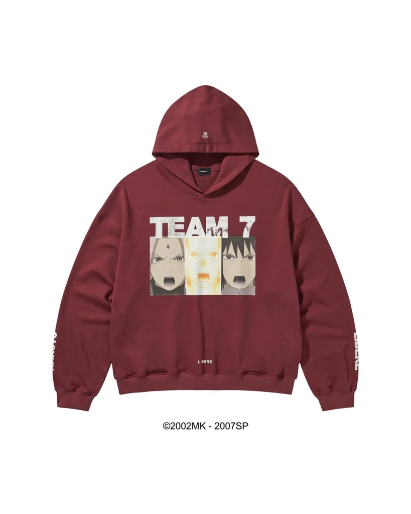 LIBERE TEAM 7 hoodie in burgundy featuring Naruto, Sasuke, and Sakura graphic on the chest