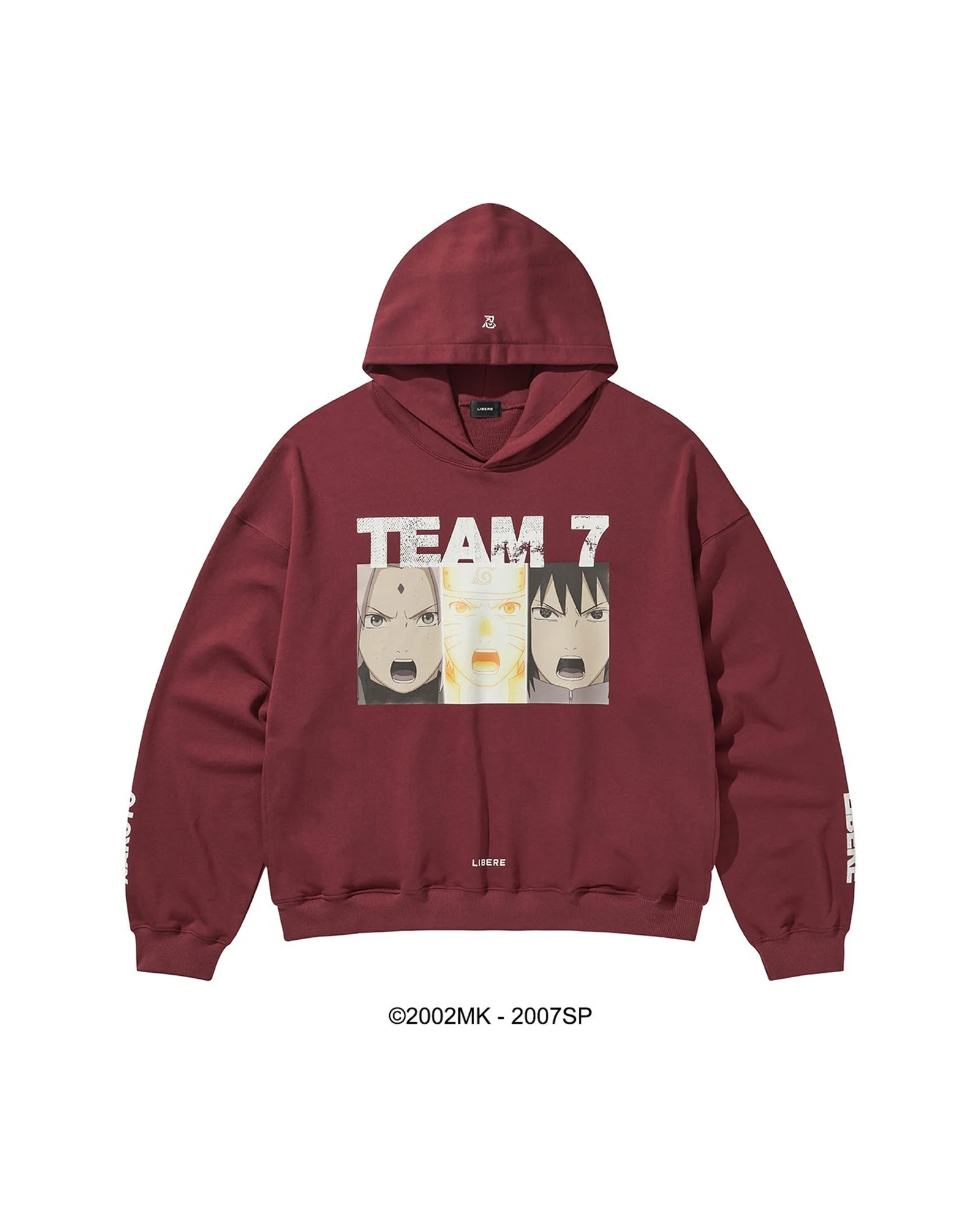 LIBERE TEAM 7 hoodie in burgundy featuring Naruto, Sasuke, and Sakura graphic on the chest