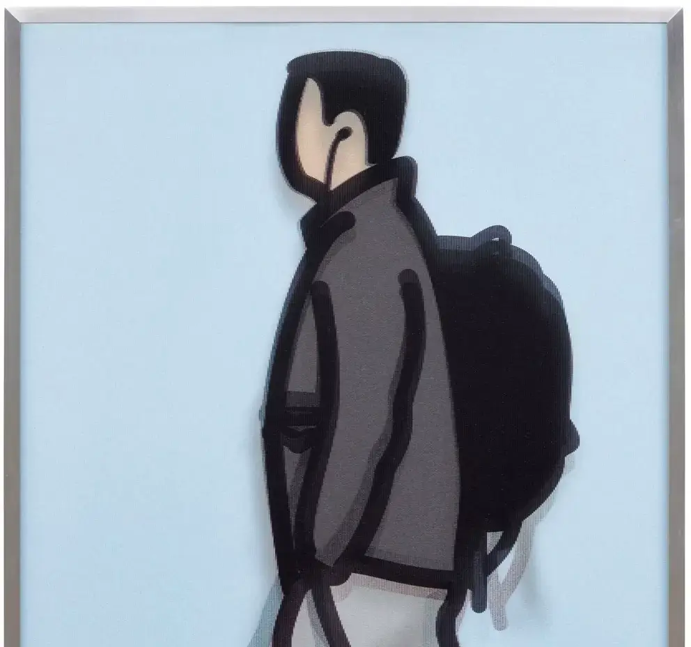 Julian Opie, Student, from Walking in London 1 (2013), lenticular acrylic panel depicting a stylized male figure in profile wearing a grey jacket and backpack, shown mid-stride against a pale blue background, with layered outlines creating the illusion of walking motion