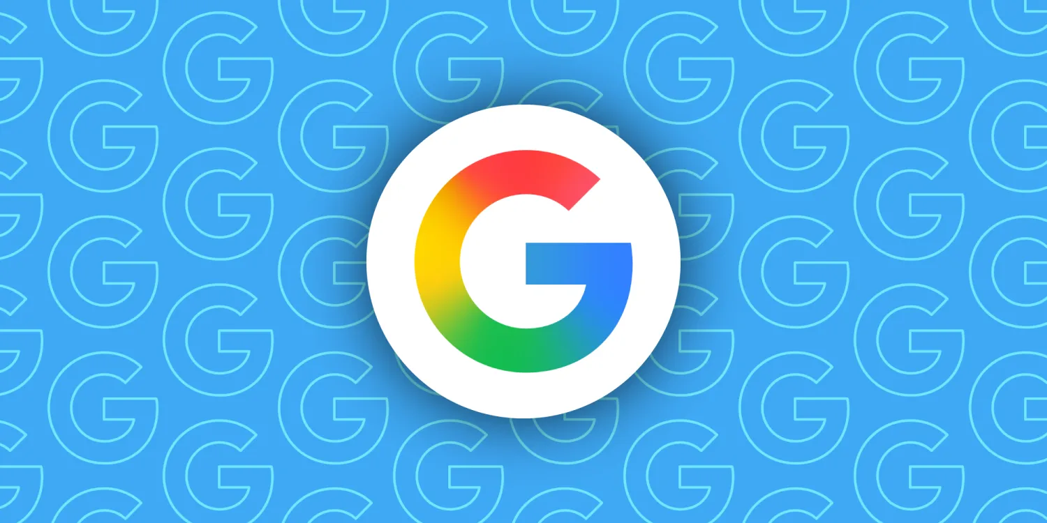Google multicolor “G” logo centered on bright blue patterned background with repeated outline icons and soft shadow effect