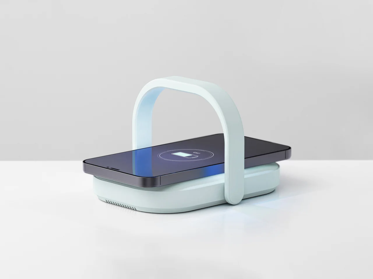 Portable UV phone sanitizer and wireless charger designed as a picnic-bag-shaped power bank