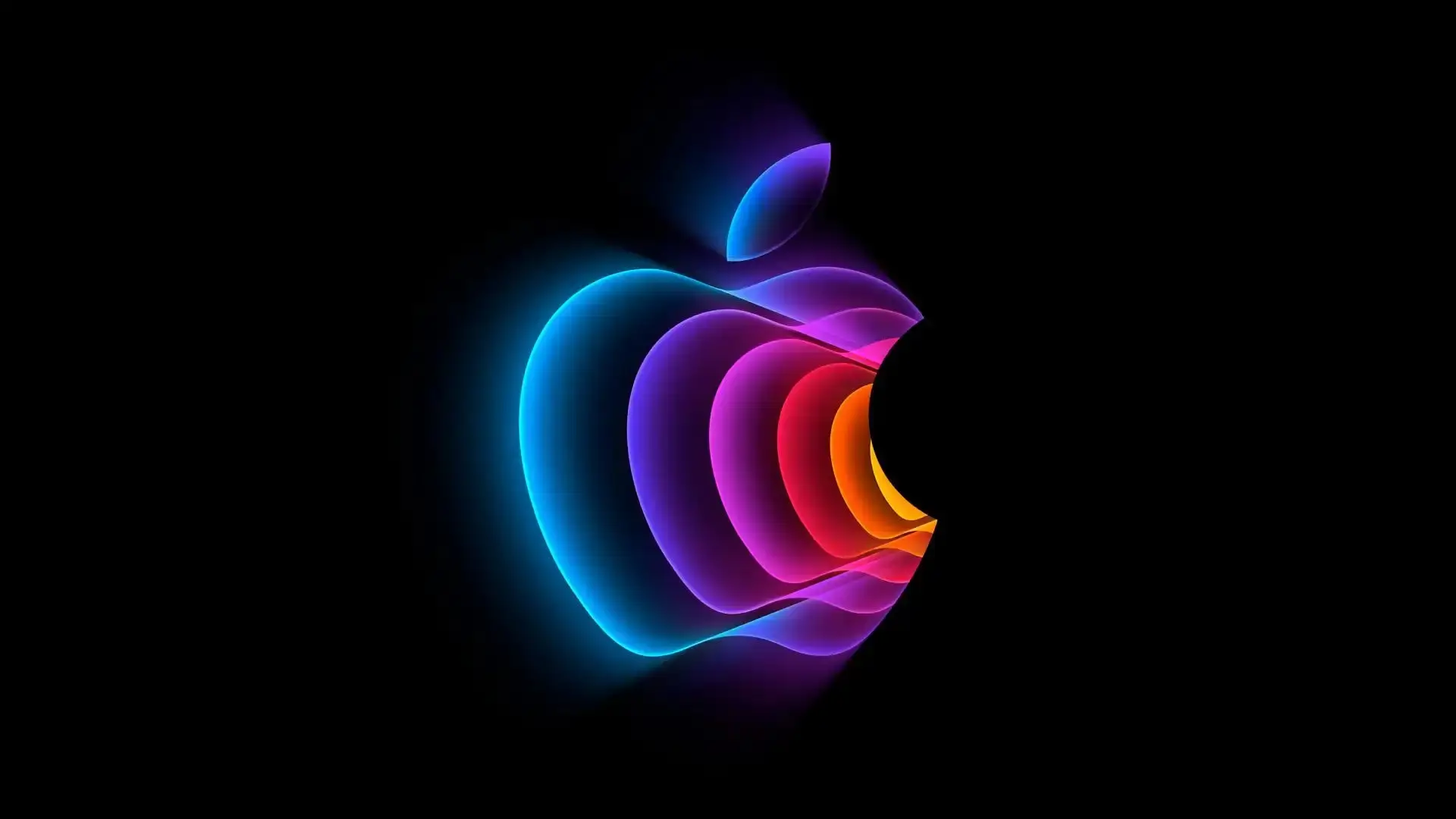 Glowing neon-style Apple logo composed of layered translucent shapes in blue, purple, pink, and orange, floating against a deep black background with soft light gradients creating a futuristic, luminous effect
