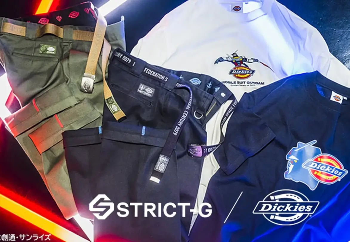 Full lineup from the Dickies × Mobile Suit Gundam collection featuring cargo pants, graphic tees, and tactical tops arranged under red and blue neon lighting with STRICT-G branding visible