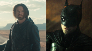 Side-by-side image showing Sebastian Stan in tactical gear standing in a desert landscape on the left, and Batman in a black armored suit and mask in a dark, rain-soaked scene on the right, suggesting speculation about Stan joining The Batman: Part II