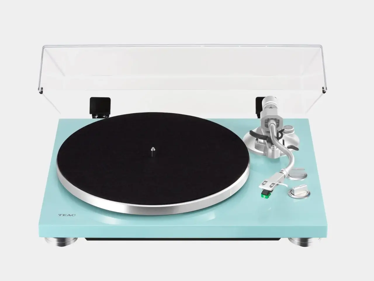 TEAC TN-180BT turquoise edition turntable with clear dust cover, black platter, and silver tonearm on a minimalist light background