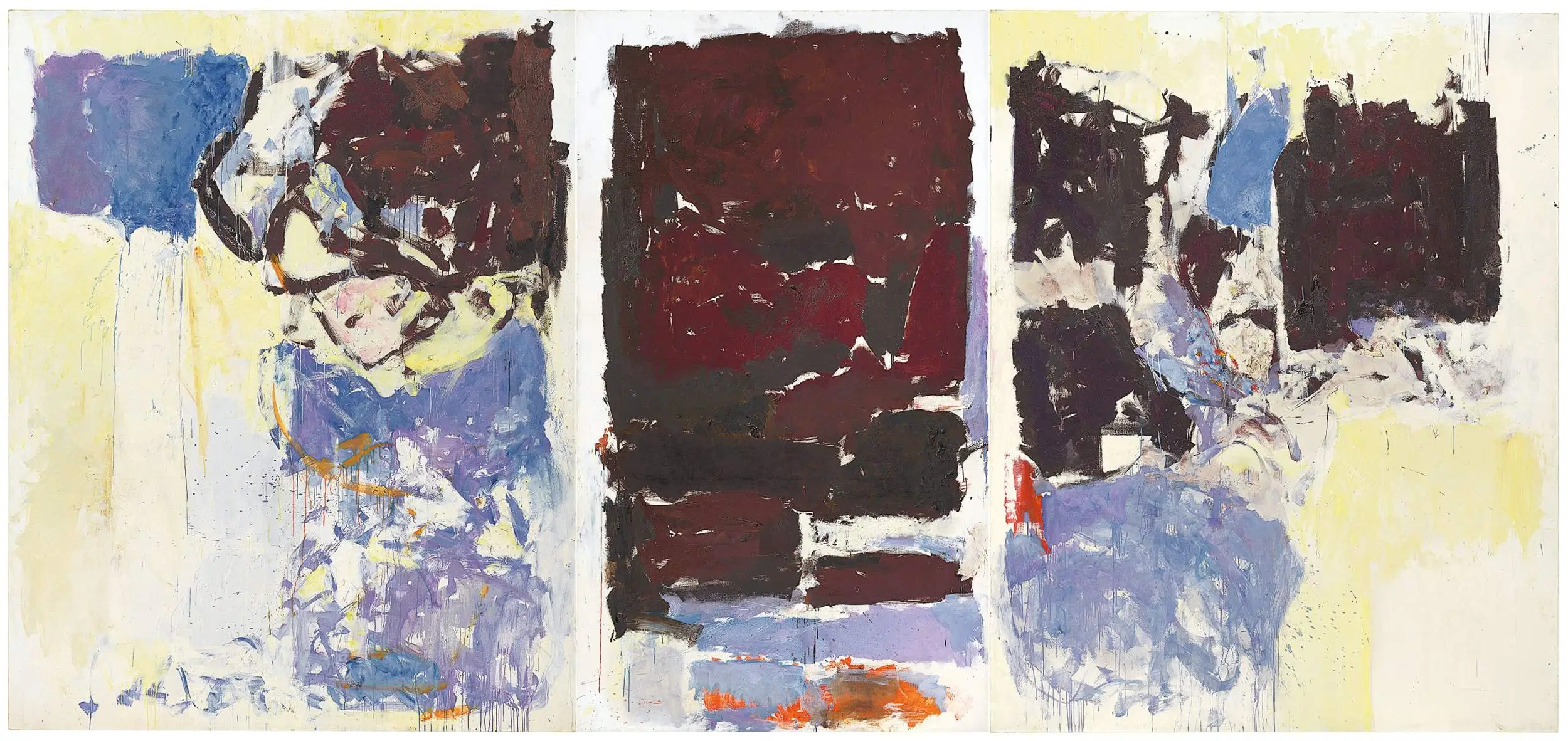Joan Mitchell’s Iva (1973), a large-scale abstract oil painting composed of three panels, featuring dense gestural brushstrokes in deep burgundy, black, lavender, and blue, layered with energetic marks and drips that evoke landscape and emotional memory