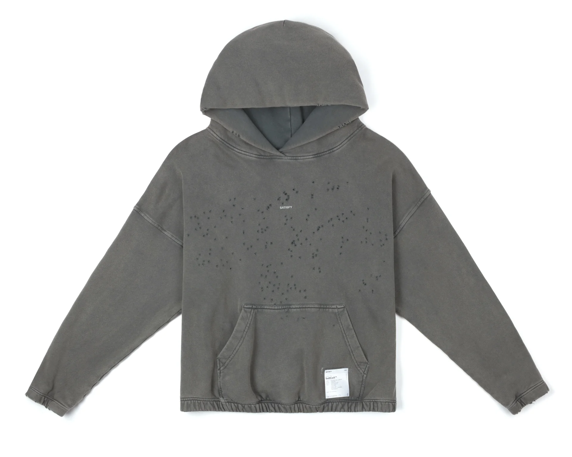 Front view of Satisfy MothTech™ hoodie in faded black featuring perforated ventilation pattern, relaxed fit, kangaroo pocket, and subtle chest logo