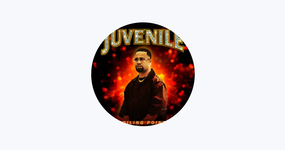 Circular cover-style image of Juvenile standing against a glowing red and orange, flame-like background, wearing glasses and a dark jacket, with bold gold “Juvenile” lettering arched above his head