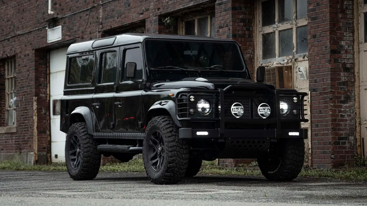A black Land Rover Defender 110 restomod is positioned on wet pavement beside a weathered brick industrial building, featuring oversized off-road tires, matte black wheels, and a reinforced front bumper with Hella auxiliary lights. Its rugged, utilitarian silhouette is preserved while modern upgrades and detailing give it a more aggressive, contemporary presence against the gritty urban backdrop