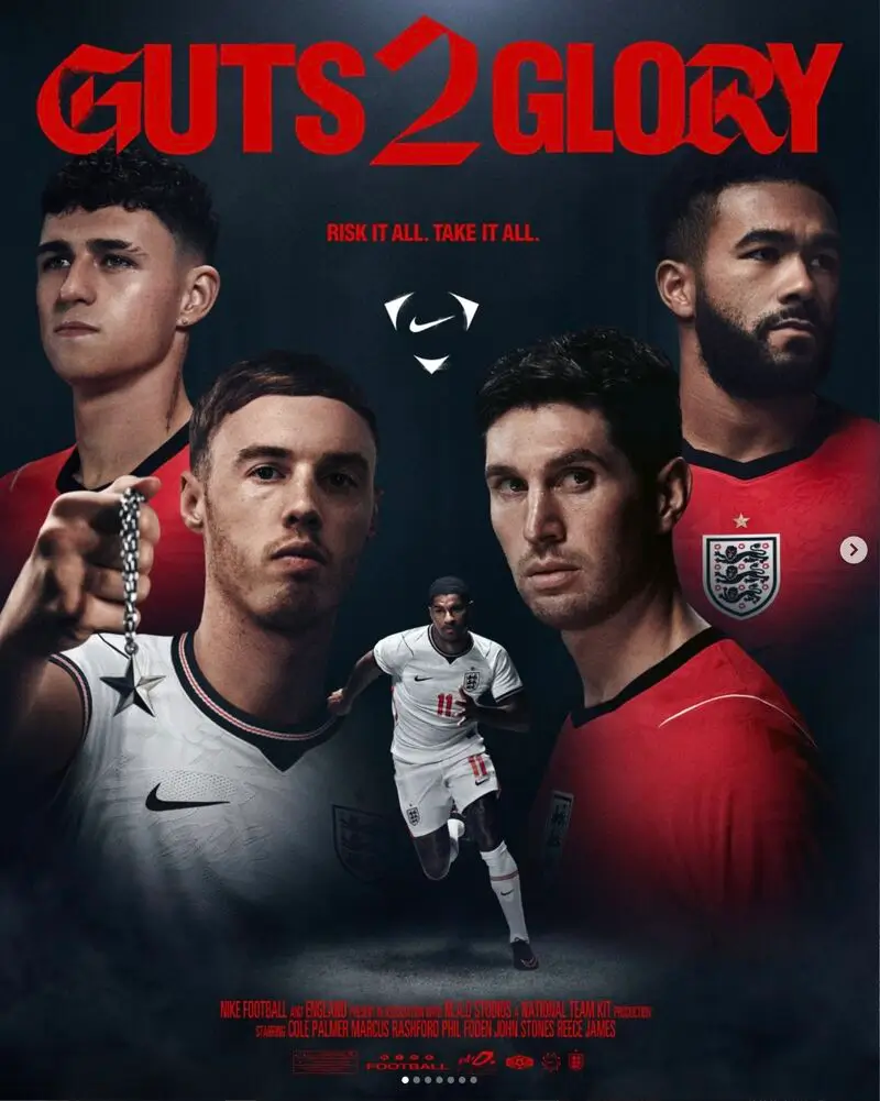 Nike football campaign poster titled “Guts 2 Glory” featuring England national team players in dramatic cinematic lighting, with bold red typography, close-up portraits, and a central running figure symbolizing intensity and ambition ahead of the FIFA World Cup 2026