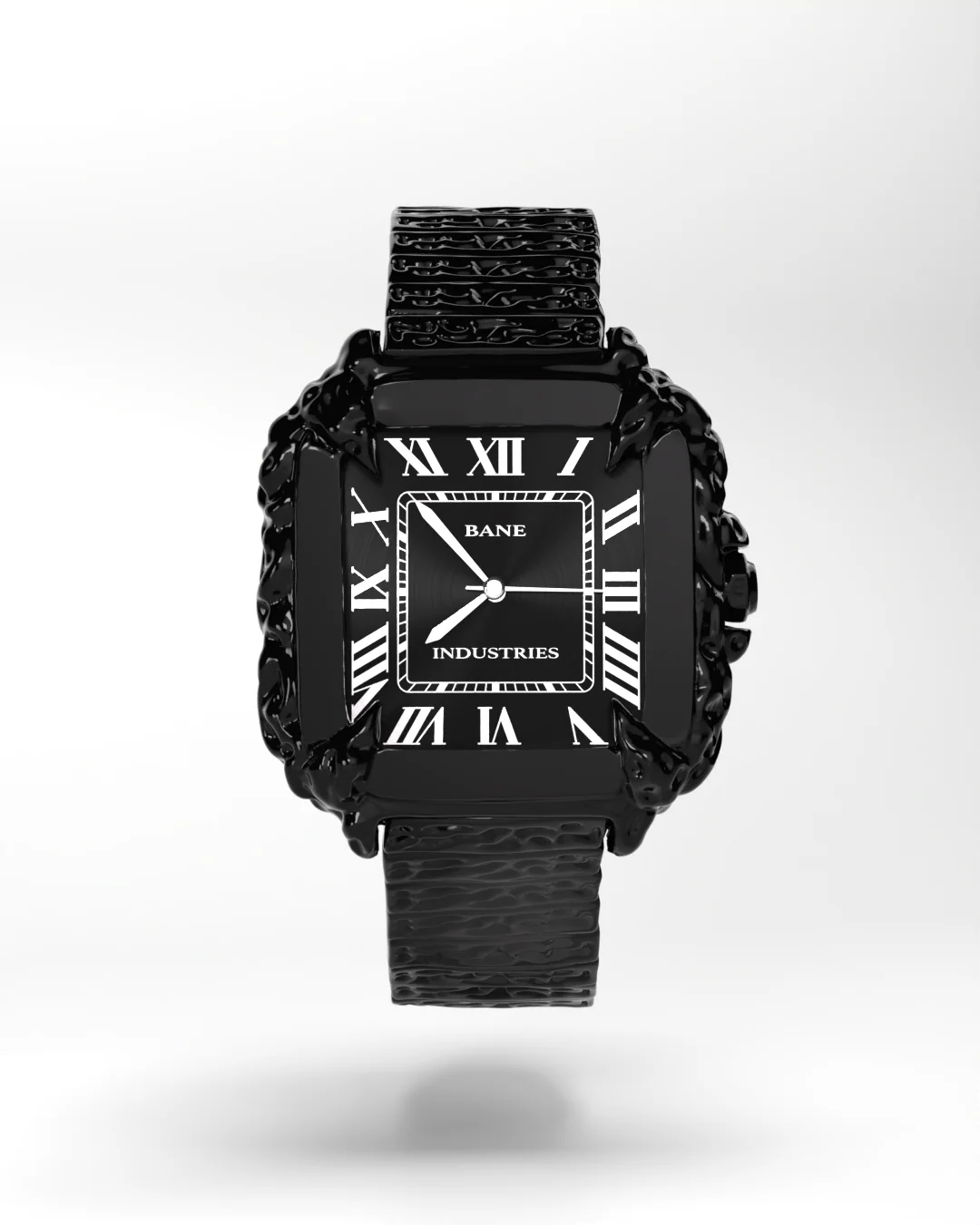 Full-Black Viper Watch by Bane Industries featuring a black sunburst dial with Roman numerals and sculpted glossy black stainless steel bracelet