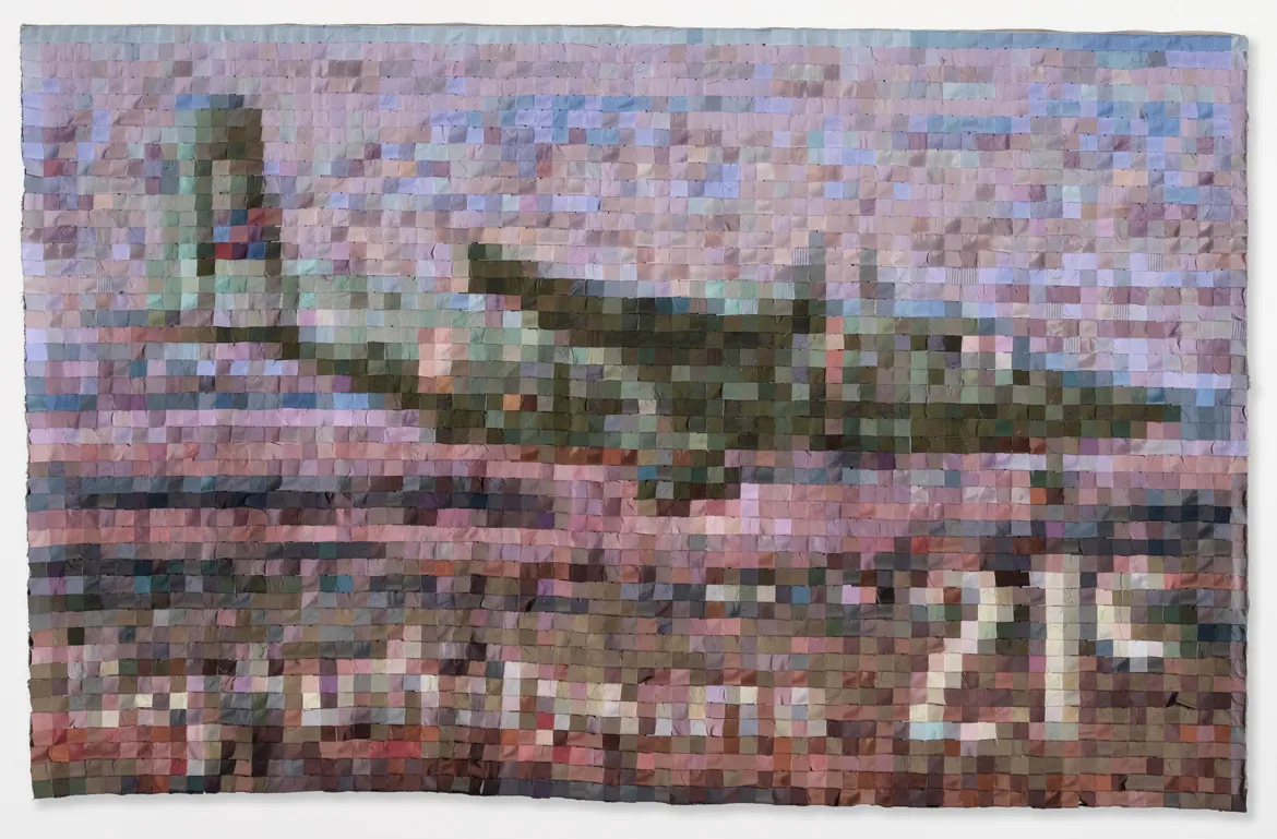Ben Stanwix and Xhanti Zwelendaba CASA 212 (2025) textile artwork composed of hundreds of small fabric squares forming a pixelated landscape with a reclining figure against a pastel sky.