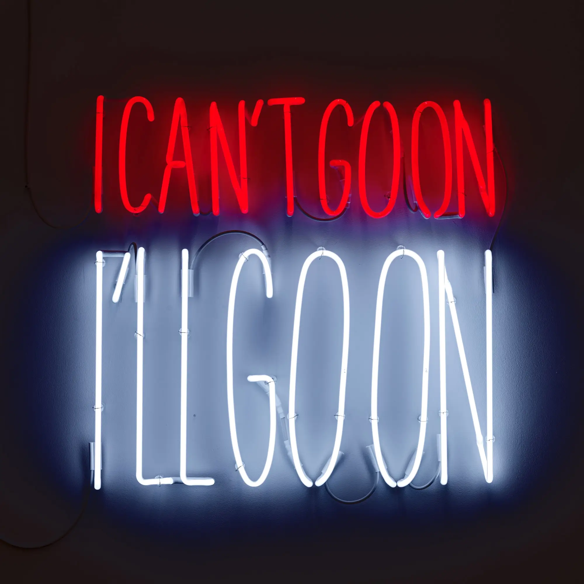 alfredo jaar “i can’t go on, i’ll go on” neon text installation with red and white illuminated lettering mounted on a dark wall, presenting a beckett-inspired conceptual statement on endurance