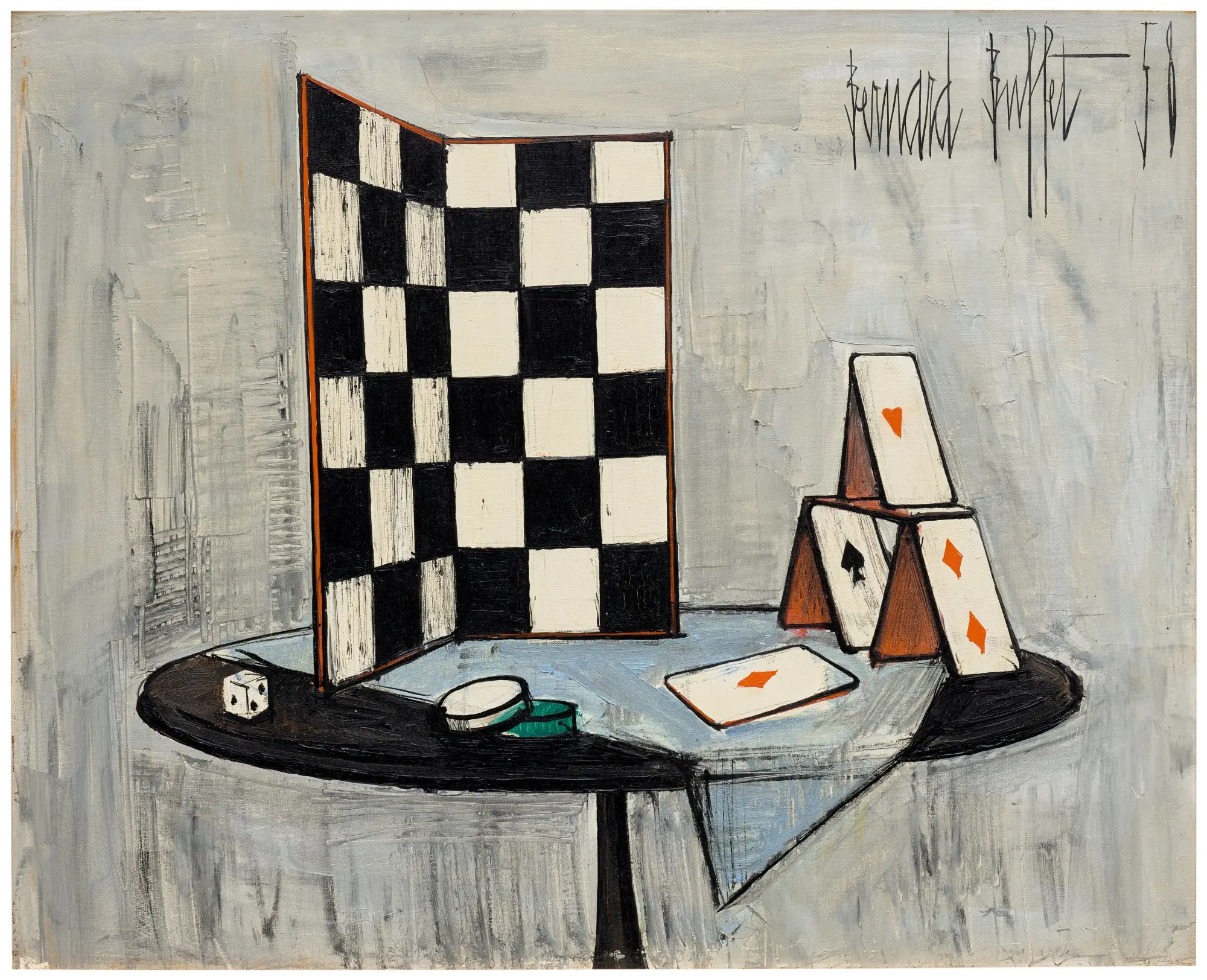 “Damier et cartes à jouer still life featuring a folding black-and-white checkerboard on a round table, with playing cards arranged in a small pyramid and one card laid flat; a single die and scattered poker chips rest nearby, all rendered in sharp, angular lines against a muted grey background with Buffet’s signature visible in the upper right.”