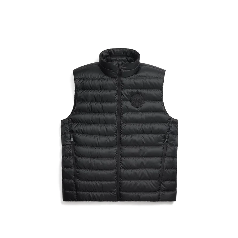 Black Canada Goose Men’s Stratus Vest (SKU 2490MT-9061) featuring lightweight quilted down construction, stand collar, front zip closure, and tonal Canada Goose chest logo patc
