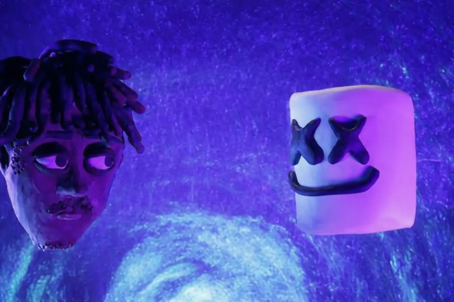 Clay-style animated heads of Juice WRLD and Marshmello floating against a purple cosmic background