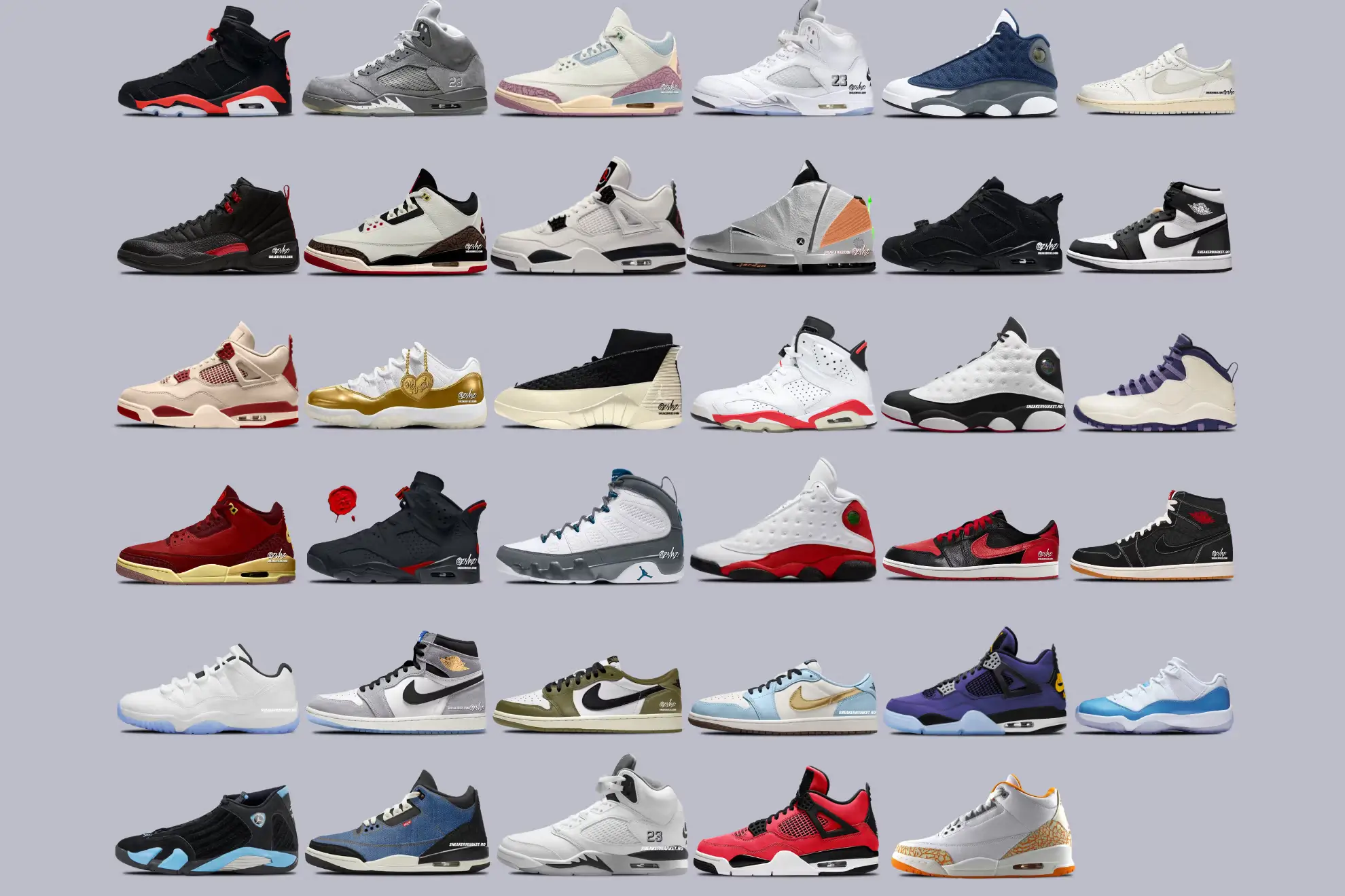 Grid preview of Air Jordan sneakers rumored and confirmed to release in 2026, featuring multiple silhouettes including Air Jordan 1, Air Jordan 3, Air Jordan 4, Air Jordan 5, Air Jordan 6, Air Jordan 11, Air Jordan 12, Air Jordan 13, and Air Jordan 14 in various upcoming colorways