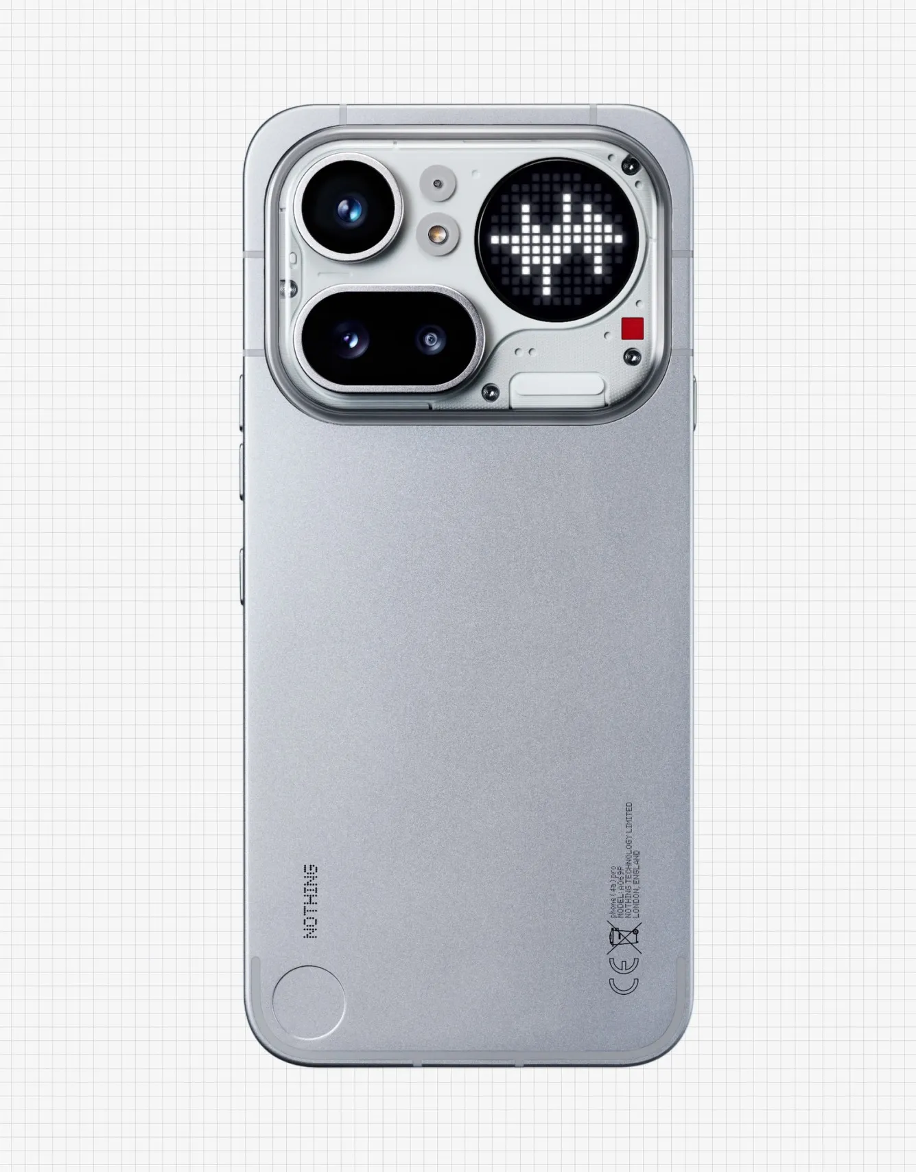 Rear view of Nothing Phone (4a) Pro in matte silver finish featuring a transparent upper panel with dual-camera system, LED flash, and circular Glyph display showing a pixel-style waveform, set against a subtle grid background