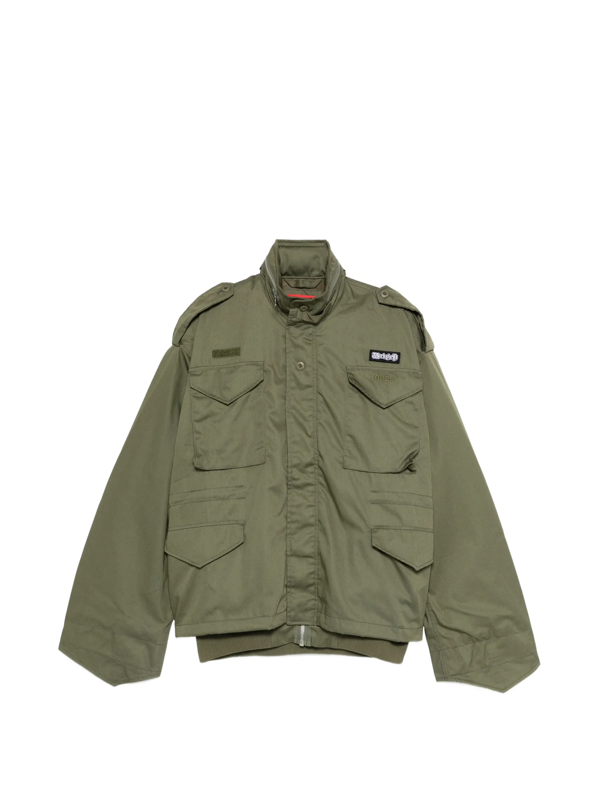 Olive green 032c flap-pocket utility jacket with four front cargo pockets, stand collar, and subtle embroidered logo patch on the chest