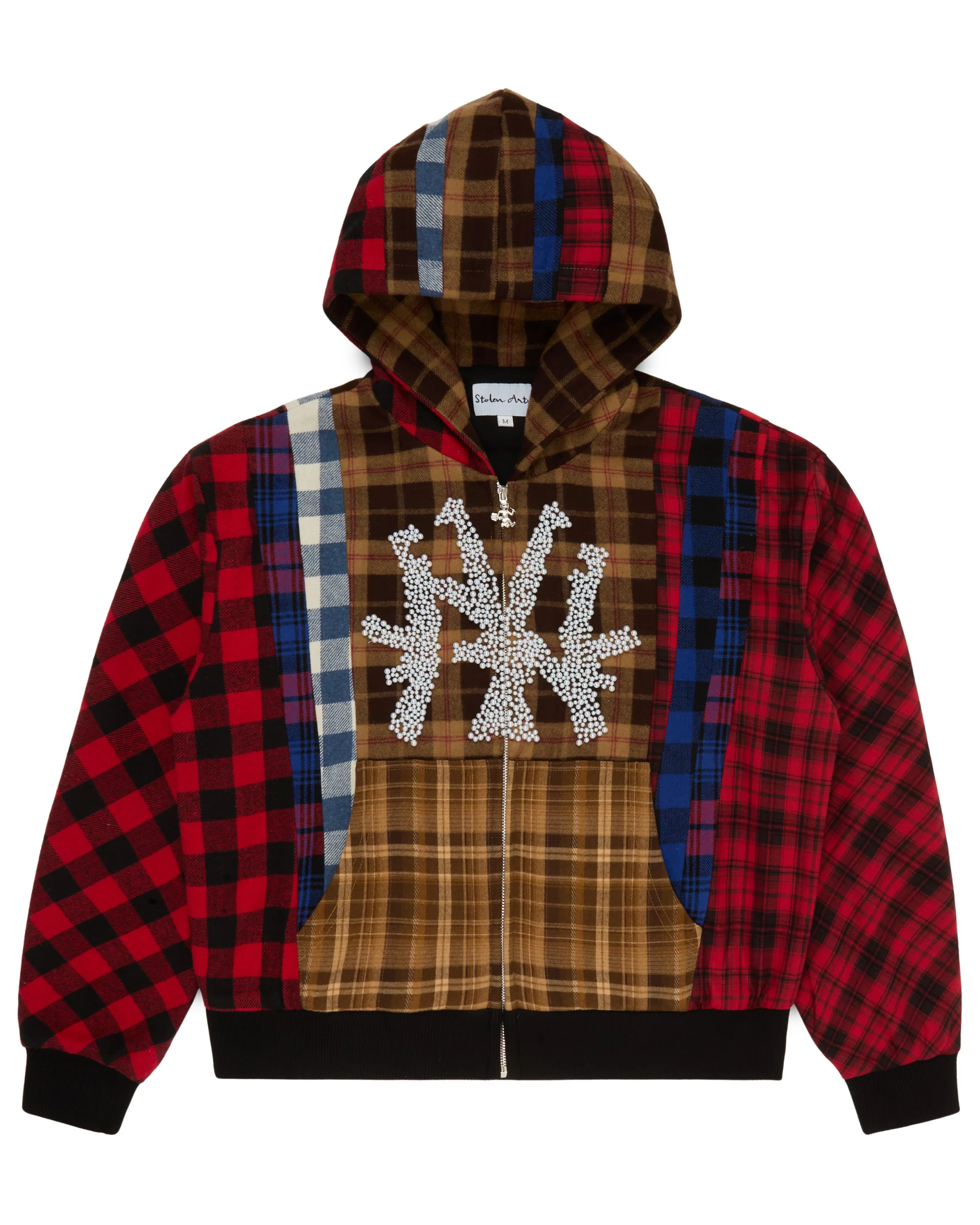 Front view of Stolen Arts Flannel NY Pearl Hoodie featuring multi-pattern patchwork plaid, pearl-studded NY logo, zip closure, and hooded silhouette