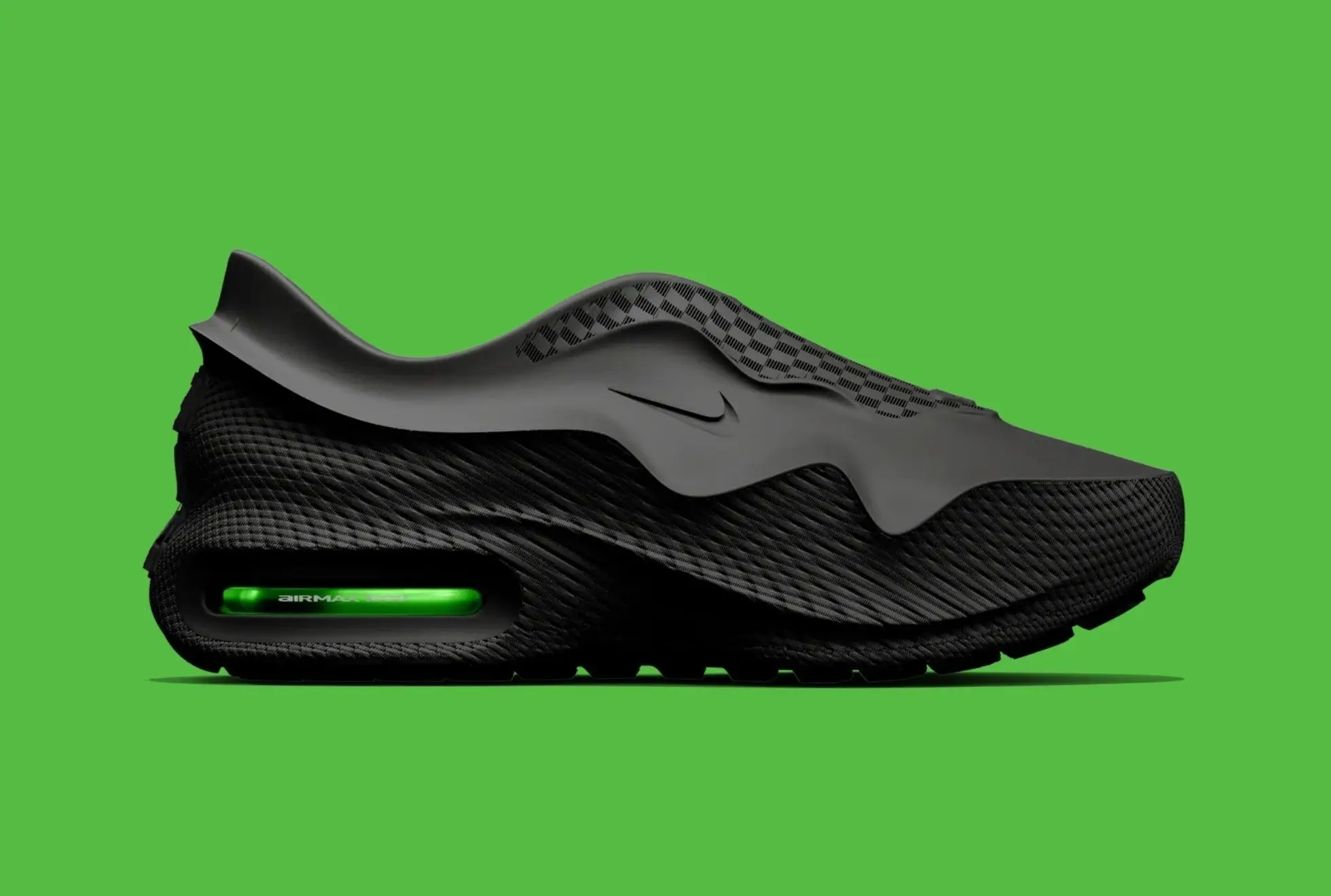 Side profile of Nike Air Max 1000 Black Volt featuring 3D-printed black upper and glowing Volt Air unit on green background