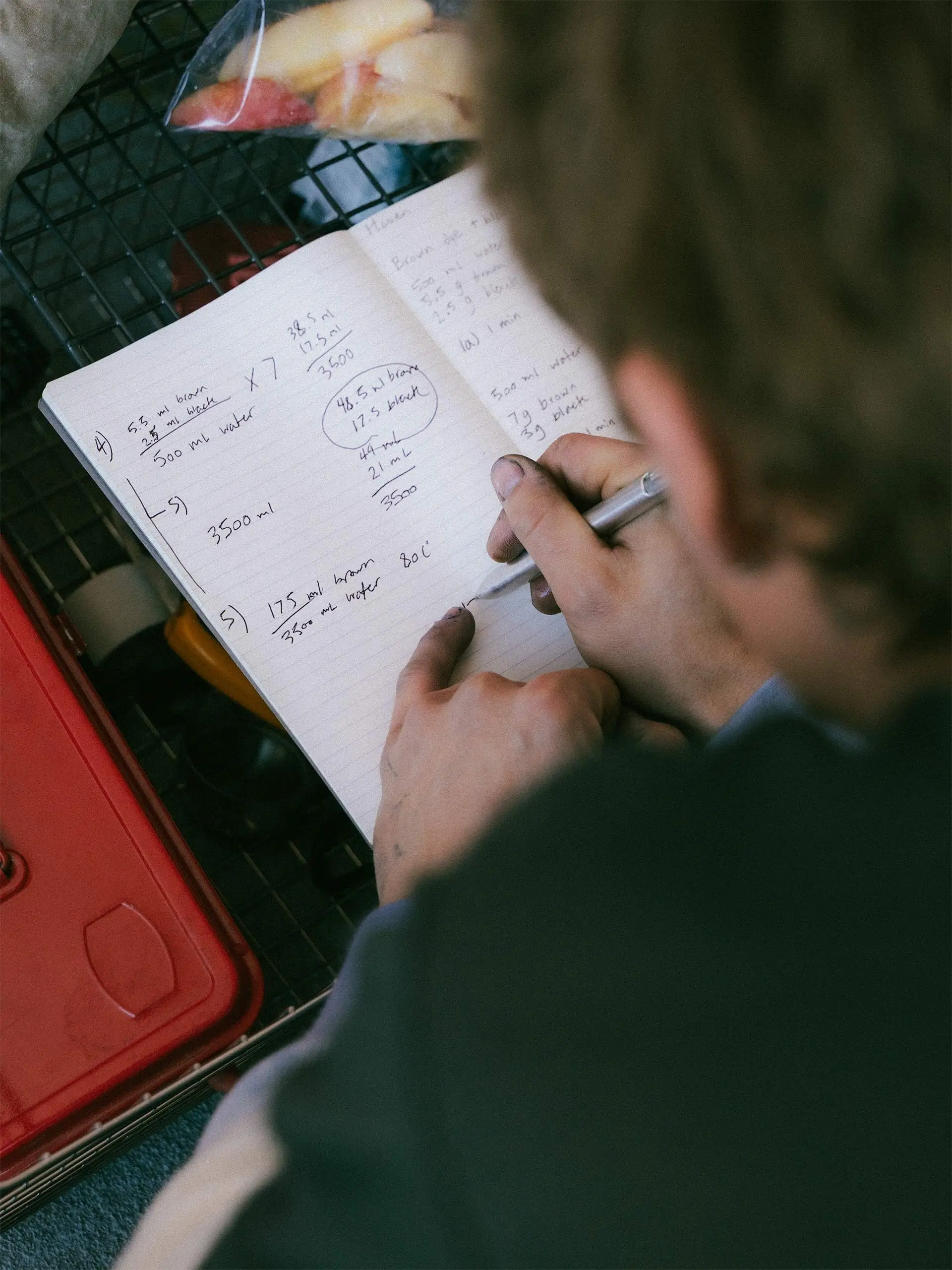 Studio notebook with dye formulas and measurements used during the HAVEN hand-dyed GORE-TEX experimentation process.