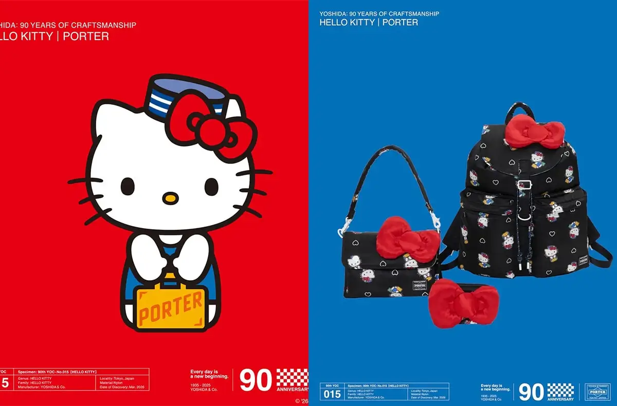 Split campaign visual for Hello Kitty x PORTER 2026: left side shows Hello Kitty in PORTER uniform holding branded bag against red background; right side displays black nylon PORTER bags with all-over Hello Kitty print and oversized red bow details on blue background, marking Yoshida & Co.’s 90th anniversary collab