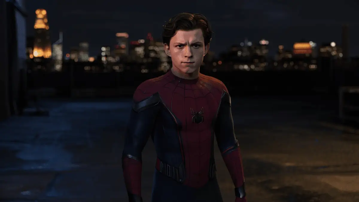 Tom Holland as Spider-Man stands on a rooftop at night overlooking a blurred New York skyline, wearing a classic red and black suit with a focused expression