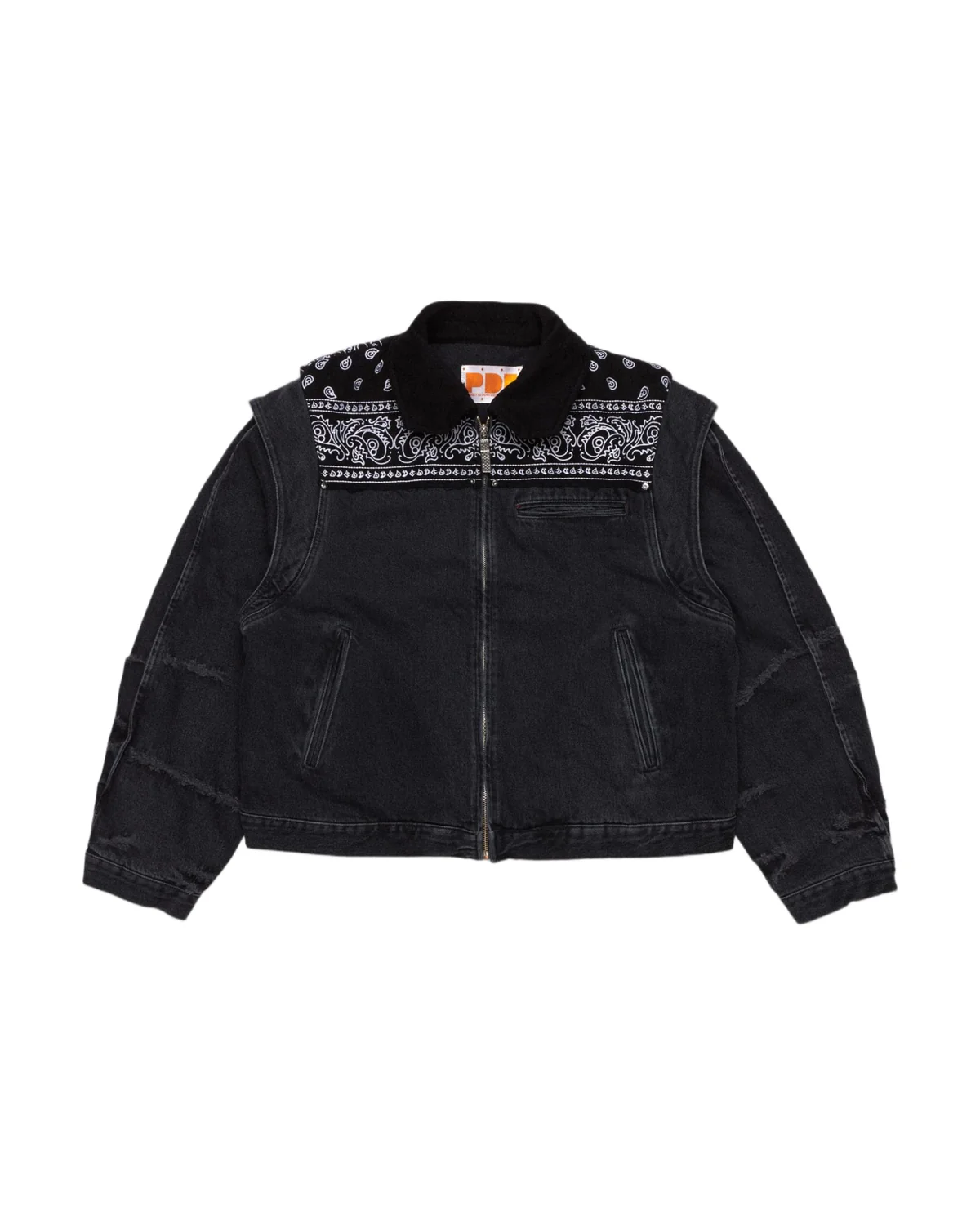 Front view of the PDF Channel Cape Jacket in black denim featuring a cropped silhouette, zip-front closure, chest pocket, and paisley bandana shoulder panel detail