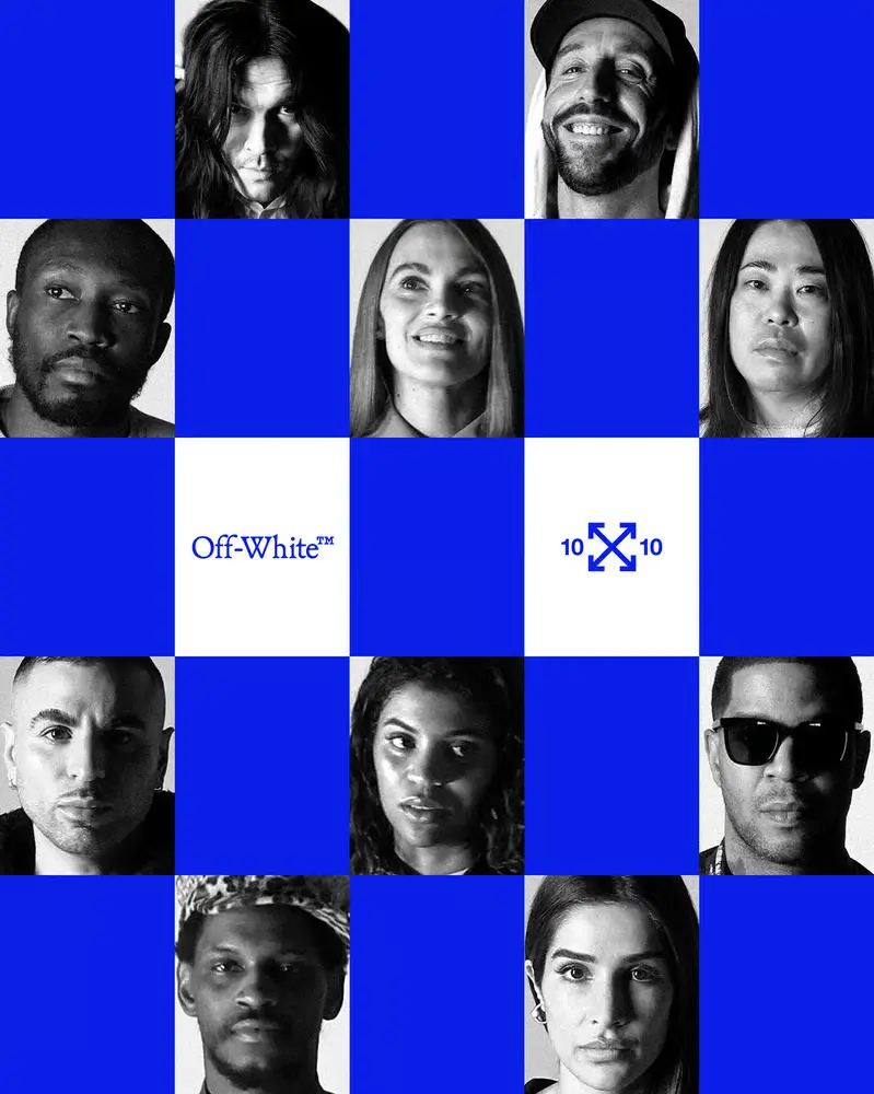 Black-and-white portrait grid of diverse global creatives arranged in a checkerboard layout with bold Off-White blue squares; centered tiles feature the Off-White™ logo and “10×10” arrow emblem, emphasizing the collaborative Icons Reimagined project