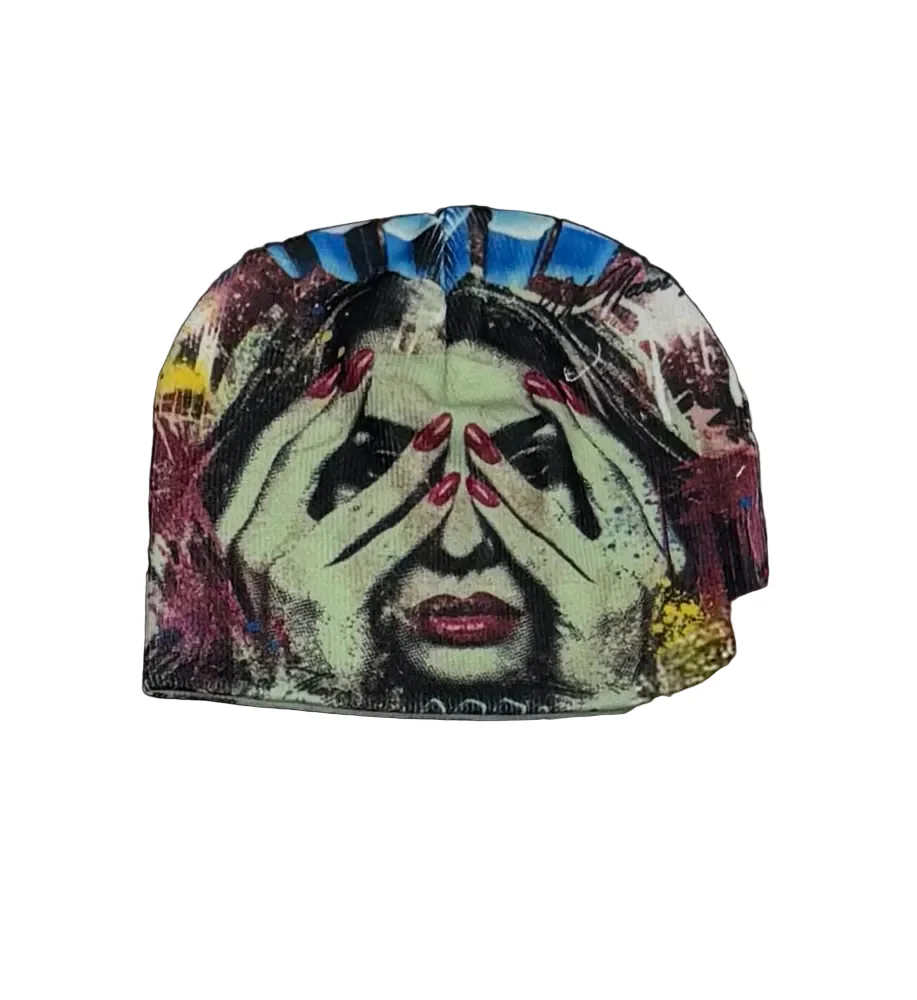 Rich Theory x Artwrk Beanie Mint featuring a portrait graphic of a woman covering her eyes with red nails