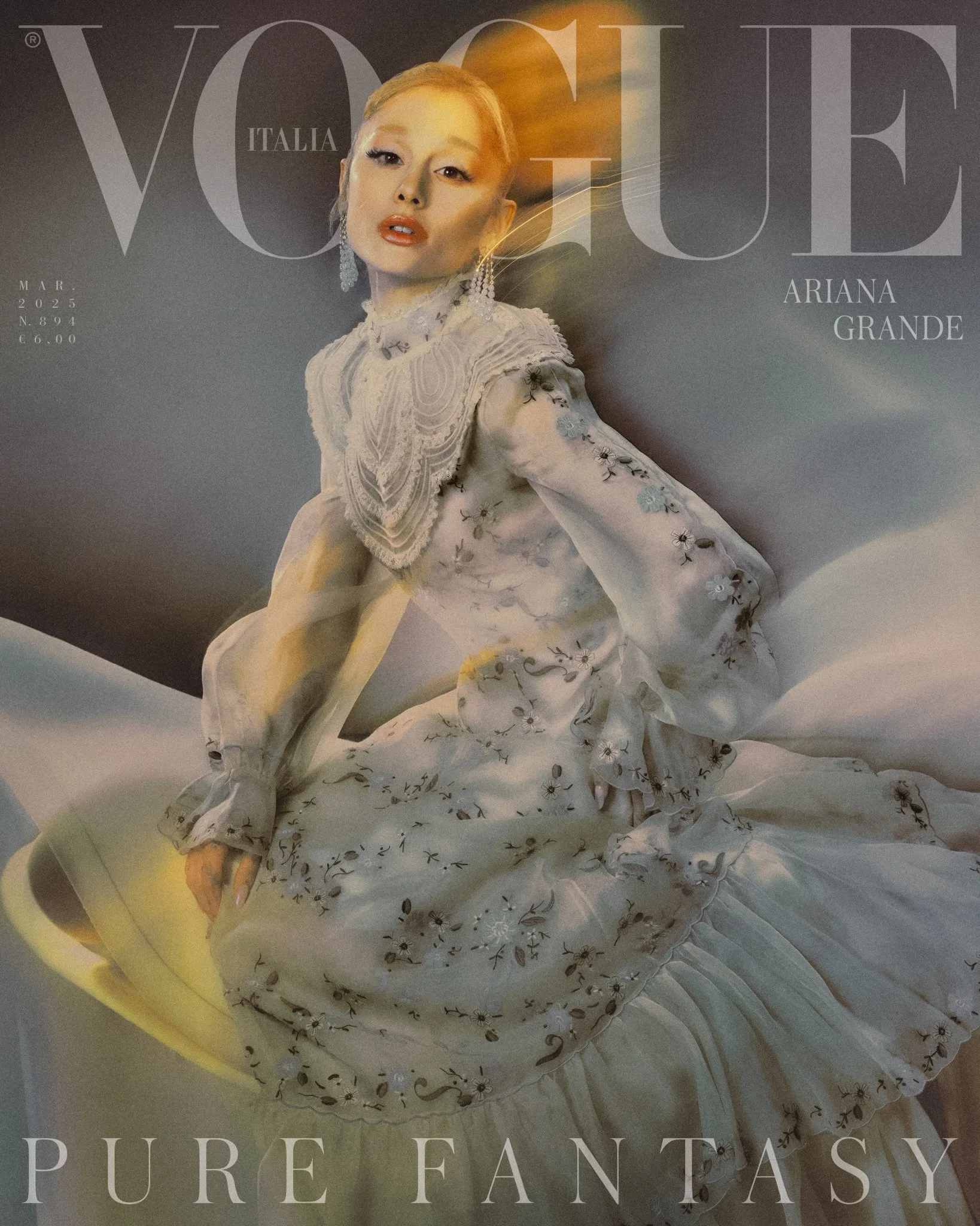 Ariana Grande on the cover of Vogue Italia, wearing an embroidered, ethereal gown with flowing fabric and soft lighting, embodying a refined fairycore-inspired fantasy aesthetic