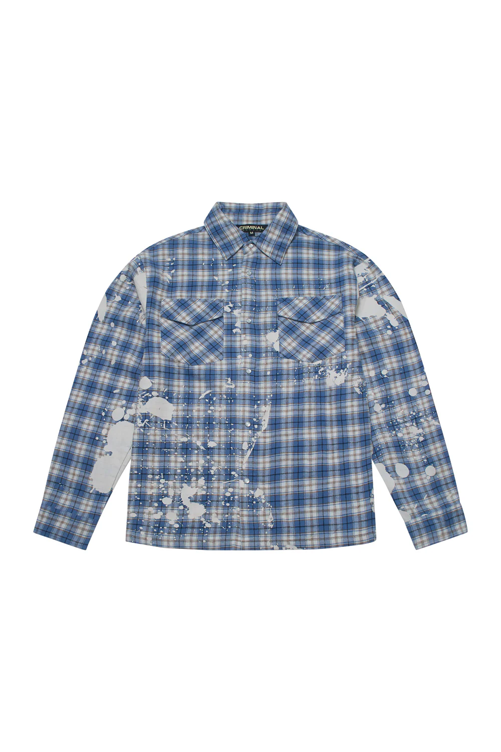 Blue plaid bleached shirt by Criminal Damage featuring white paint-splatter distressing, dual chest pockets, and snap-button front closure in a relaxed streetwear fit