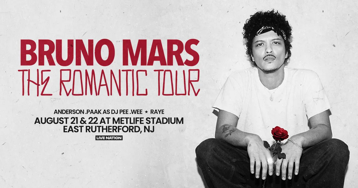 Bruno Mars promotional poster for The Romantic Tour with Anderson .Paak as DJ Pee Wee and Raye at MetLife Stadium