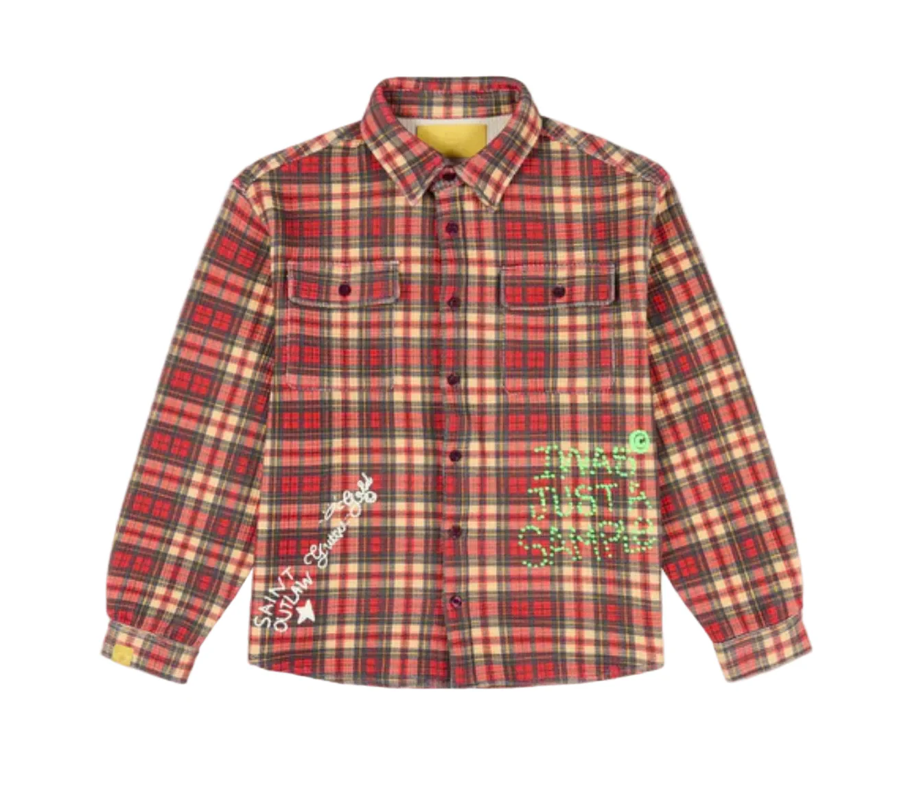 Front view of the When Smoke Clears Button Thermal flannel shirt featuring red and beige plaid fabric with embroidered graphics and button-up chest pockets