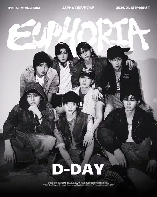 Alpha Drive One members posing together in monochrome promotional poster for their debut mini-album Euphoria, wearing layered streetwear and denim as the group announces D-Day for the release