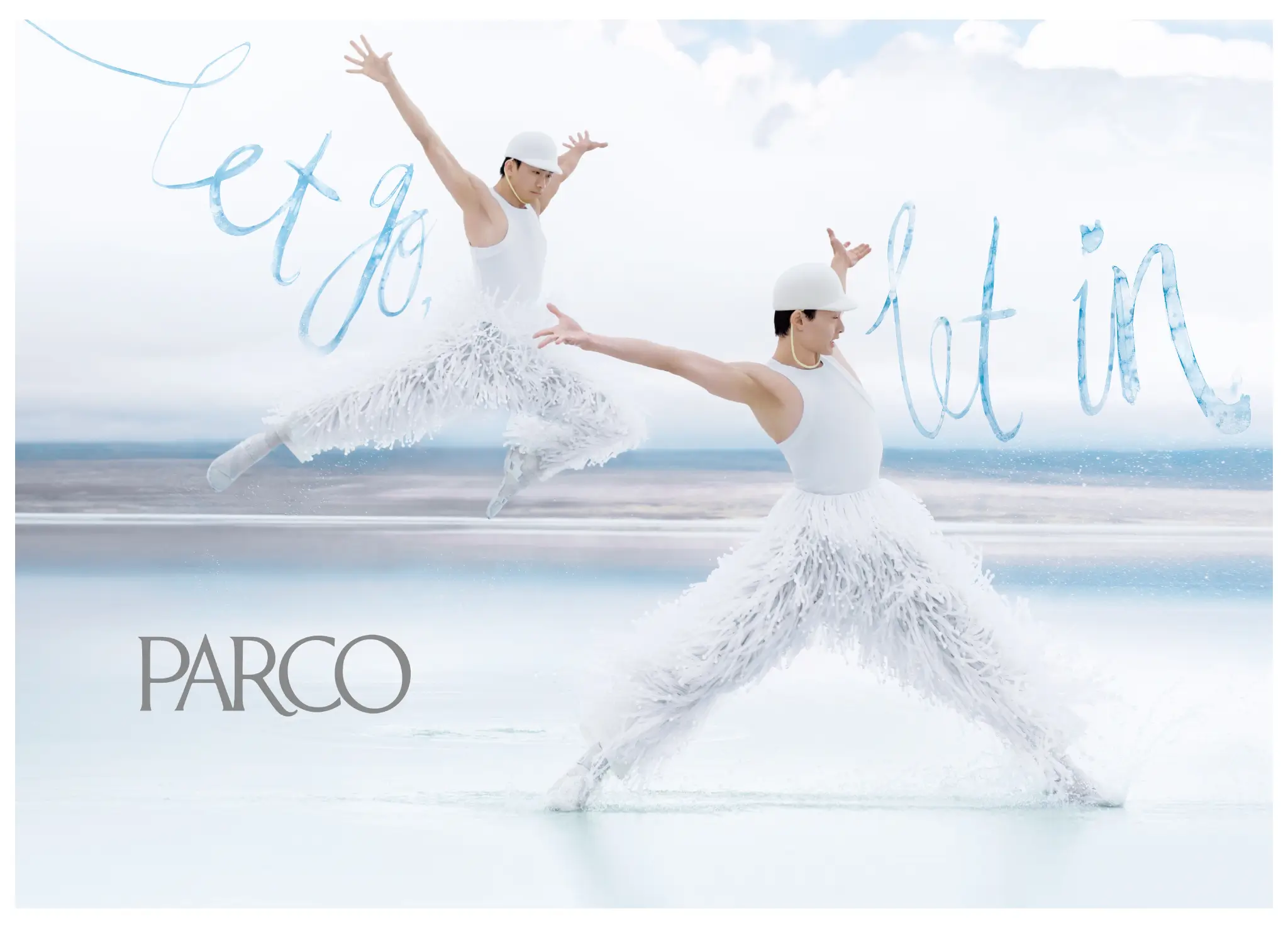 Dancers performing on a reflective salt lake in PARCO’s Spring 2026 campaign visual titled “Let Go, Let In.”