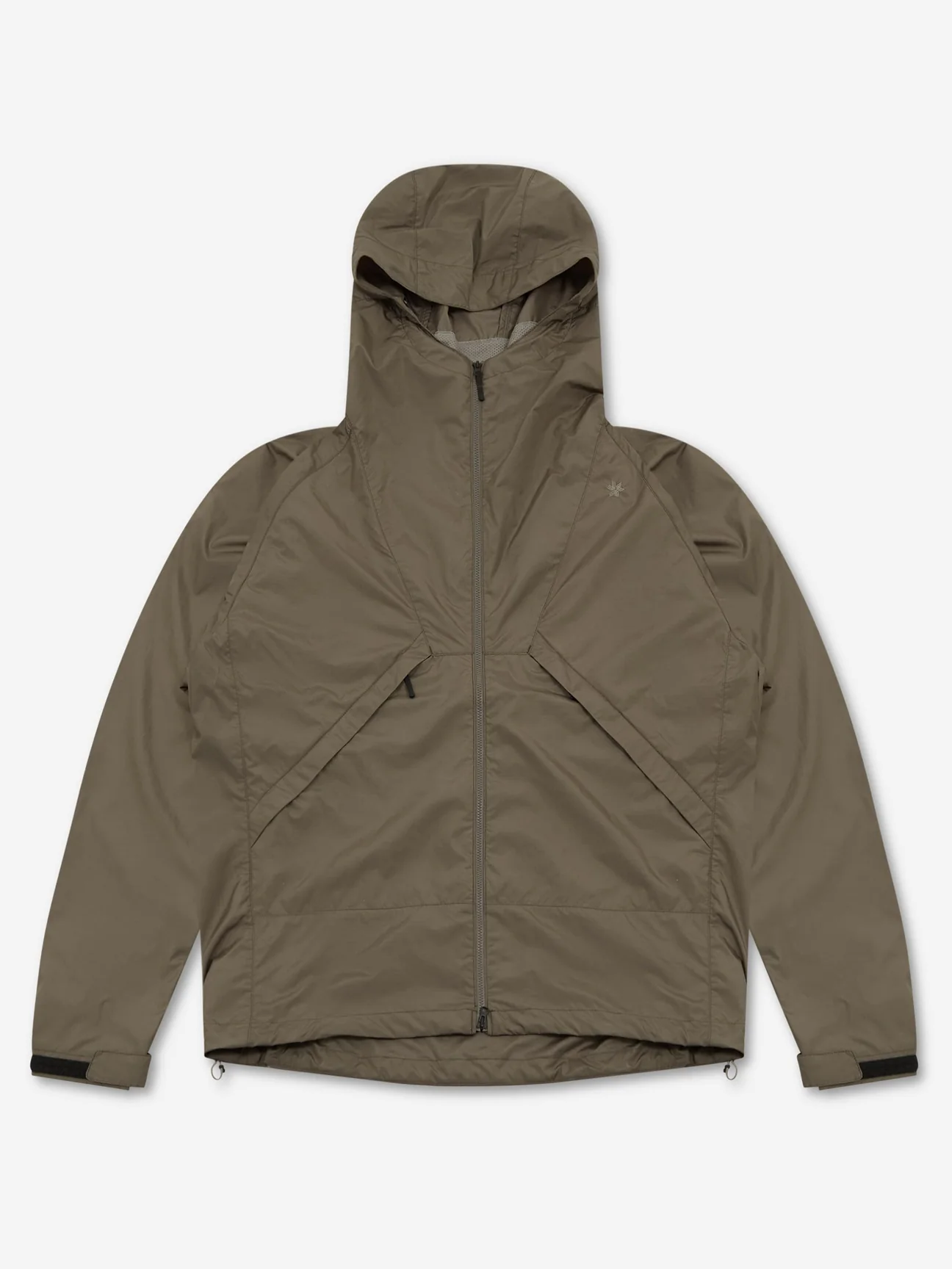 Goldwin Rip Stop Hooded Jacket in olive ripstop fabric featuring a minimalist technical design, structured hood, full front zip closure, angled chest ventilation panels, adjustable cuffs, and a lightweight weather-resistant construction