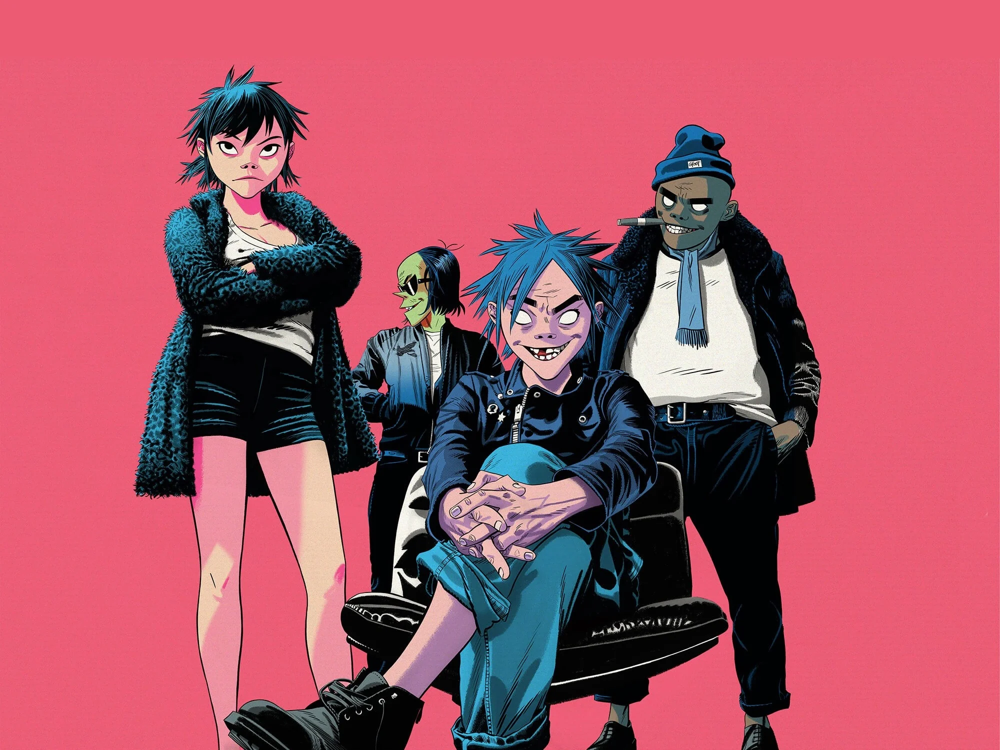Illustration of the animated band Gorillaz featuring the four members—2-D seated with spiky blue hair, Noodle standing with crossed arms, Murdoc Niccals wearing a beanie and smoking, and Russel Hobbs in sunglasses—drawn in the distinctive comic style of Jamie Hewlett against a bright pink background