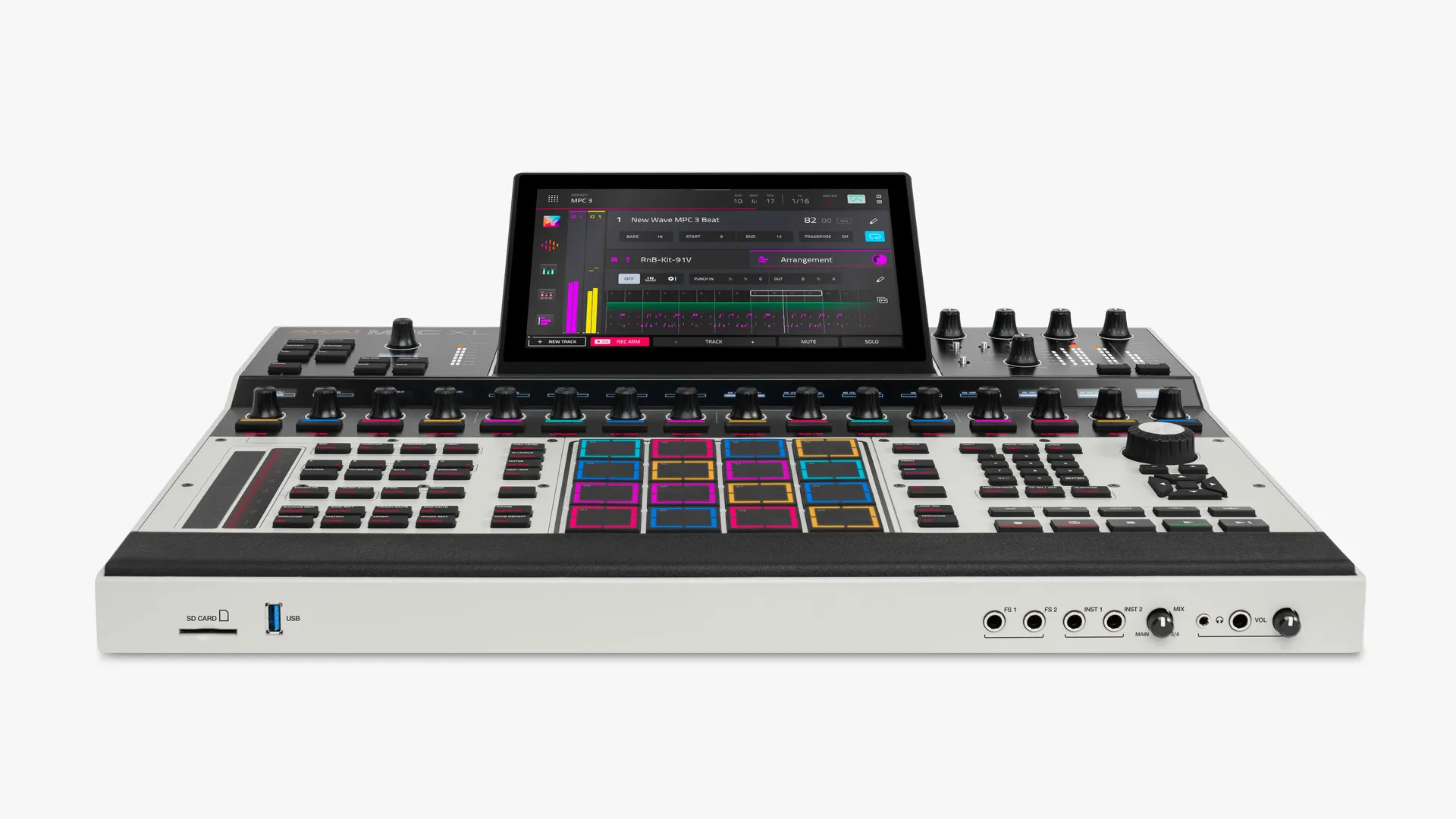 Front view of the Akai Professional MPC XL standalone music production workstation, featuring a central touchscreen displaying a beat arrangement interface, surrounded by rows of rotary knobs, multicolored velocity-sensitive performance pads, transport controls, and audio input ports along the front panel