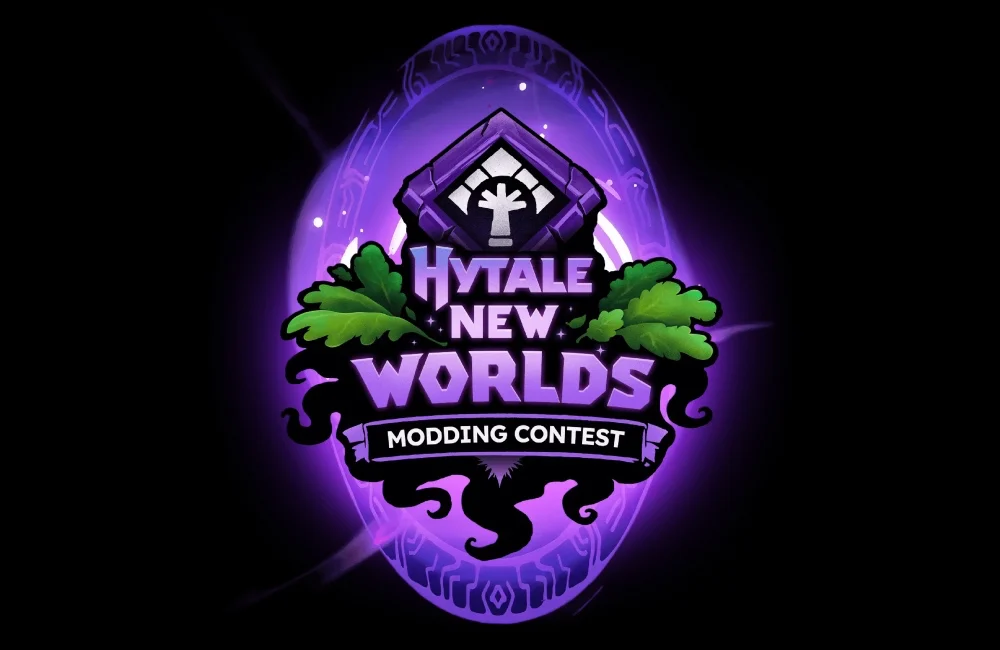 Hytale New Worlds Modding Contest logo glowing in purple with fantasy portal design and bold lettering announcing the creator competition