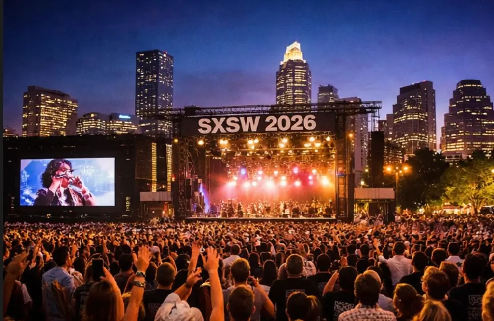 Crowd gathered at an outdoor concert stage labeled “SXSW 2026” in downtown Austin at night, with colorful stage lights illuminating the performers and the city skyline visible in the background